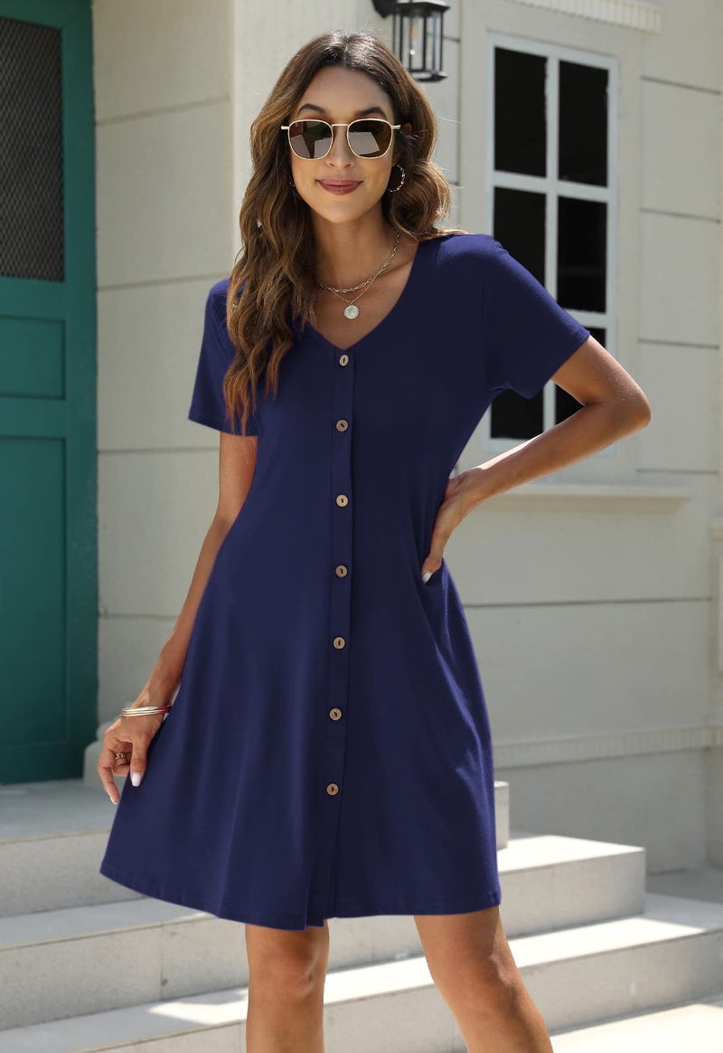 Manydress Women's Summer Casual T Shirt Short Sleeve Button Down Swing Dress with Pockets MY035 (Dark Blue, M) - Image 5